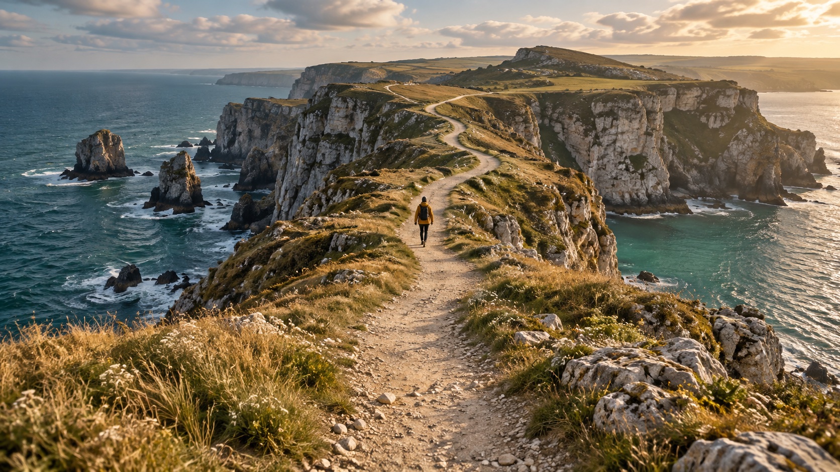 An illustrative coastal film frame with a path overlooking the ocean